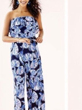 Lilly Pulitzer Navy Strapless Floral Wide-Leg Jumpsuit size medium